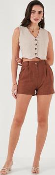 Lela Kırçıllı Regular Fit Cepli Kısa Bayan Şort 5866201 KAHVE