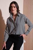 Lela Standart Fit Klasik Yaka Çizgili Bayan Gömlek 6772894 SİYAH