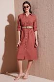 Lela Pamuklu Regular Fit Kemerli Midi Boy Gömlek Bayan Elbise 67810301 CAMEL