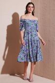 Lela Desenli Oversize Fit Carmen Yaka Büzgü Detaylı Midi Boy Bayan Elbise 6782169 MOR