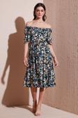 Lela Desenli Oversize Fit Carmen Yaka Büzgü Detaylı Midi Boy Bayan Elbise 6782169 LACİVERT