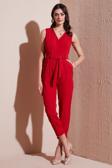 Lela Slim Fit Düz Paça Kruvaze Yaka Kemerli Bayan Tulum 6783626 KIRMIZI