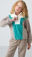 Koyu Bej Kalın Yumuşak Dokulu Oversize Nakışlı Polar Kız Çocuk Sweatshirt - 75153