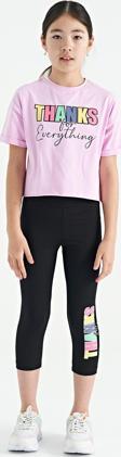 Pembe - Siyah Yazı Baskılı Oversize Kız Çocuk Crop Tayt Takım - 75133