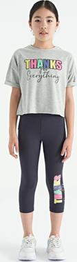 Gri Melanj - Antrasit Yazı Baskılı Oversize Kız Çocuk Crop Tayt Takım - 75133