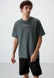 Haki Pamuklu Kalın Yüzeyi Dokulu Oversize Fit  Baskılı Erkek T-Shirt - 88364