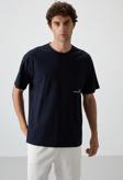 Lacivert Pamuklu Kalın Yüzeyi Dokulu Oversize Fit  Baskılı Erkek T-Shirt - 88370