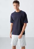 Lacivert Pamuklu Kalın Yüzeyi Dokulu Oversize Fit Basic Erkek T-Shirt - 88340
