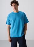 Petrol Mavi Pamuklu Kalın Yumuşak Dokulu Oversize Fit Baskılı Erkek T-Shirt - 88324