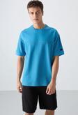 Petrol Mavi Pamuklu Kalın Yüzeyi Dokulu Oversize Fit Basic Erkek T-Shirt - 88340