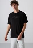 Siyah Pamuklu Kalın Yumuşak Dokulu Oversize Fit Baskılı Erkek T-Shirt - 88329