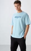Açık Mavi Pamuklu Kalın Yumuşak Dokulu Oversize Fit Baskılı Erkek T-Shirt - 88329
