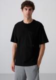 Siyah Pamuklu Kalın Yüzeyi Dokulu Oversize Fit Basic Erkek T-Shirt - 88341