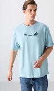Açık Mavi Pamuklu Kalın Yumuşak Dokulu Oversize Fit Baskılı Erkek T-Shirt - 88330