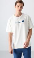 Ekru Pamuklu Kalın Yumuşak Dokulu Oversize Fit Baskılı Erkek T-Shirt - 88330