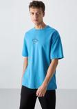Petrol Mavi Pamuklu Kalın Yumuşak Dokulu Oversize Fit Baskılı Erkek T-Shirt - 88325