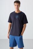 Lacivert Pamuklu Kalın Yumuşak Dokulu Oversize Fit Baskılı Erkek T-Shirt - 88333