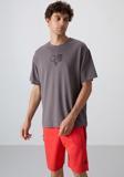 Koyu Gri Pamuklu Kalın Yumuşak Dokulu Oversize Fit Baskılı Erkek T-Shirt - 88333