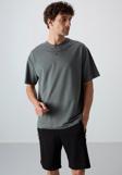Haki Pamuklu Kalın Yumuşak Dokulu Oversize Fit Baskılı Erkek T-Shirt - 88343