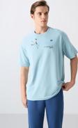 Açık Mavi Pamuklu Kalın Yumuşak Dokulu Oversize Fit Baskılı Erkek T-Shirt - 88344