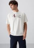 Ekru Pamuklu Kalın Yumuşak Dokulu Oversize Fit Baskılı Erkek T-Shirt - 88344