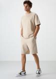Bej Pamuklu Kalın Yumuşak Dokulu Oversize Fit Nakışlı Erkek Şort Takım - 85250