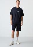 Lacivert Pamuklu Kalın Yumuşak Dokulu Oversize Fit Basic Erkek Şort Takım - 85259