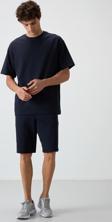 Lacivert Pamuklu Kalın Yumuşak Dokulu Oversize Fit Basic Erkek Şort Takım - 85249