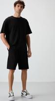 Siyah Pamuklu Kalın Yumuşak Dokulu Oversize Fit Basic Erkek Şort Takım - 85249