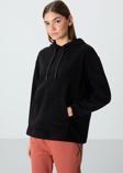 Siyah Kalın Yumuşak Dokulu Kapüşonlu Oversize Nakışlı Polar Kadın Sweatshirt - 97292
