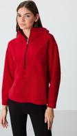 Kırmızı Kalın Yumuşak Dokulu Kapüşonlu Oversize Nakışlı Polar Kadın Sweatshirt -97286