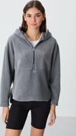 Gri Melanj Kalın Yumuşak Dokulu Kapüşonlu Oversize Nakışlı Polar Kadın Sweatshirt -97286