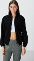 Siyah Kalın Yumuşak Dokulu Dik Yaka Oversize Nakışlı Polar Kadın Sweatshirt - 97293