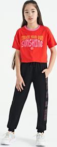 Siyah Yan Yazı Nakışlı Bağcıklı Standart Kalıp Jogger Kız Çocuk Eşofman Alt - 75123