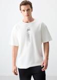 Ekru %100 Pamuk Kalın Yumuşak Dokulu Oversize Fit Baskılı Erkek T-Shirt - 88355