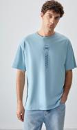 Açık Mavi %100 Pamuk Kalın Yumuşak Dokulu Oversize Fit Baskılı Erkek T-Shirt - 88355