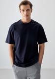 Lacivert Pamuklu Kalın Yumuşak Dokulu Oversize Fit Basic Erkek T-Shirt - 88377