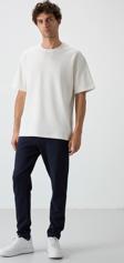 Ekru - Lacivert Pamuklu Kalın Yumuşak Dokulu Oversize Fit Basic Erkek Eşofman Takım - 85251