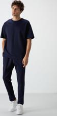 Lacivert Pamuklu Kalın Yumuşak Dokulu Oversize Fit Basic Erkek Eşofman Takım - 85251