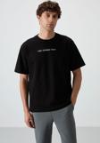 Siyah Pamuklu Kalın Yüzeyi Dokulu Oversize Fit  Baskılı Erkek T-Shirt - 88365