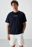 Lacivert Pamuklu Kalın Yüzeyi Dokulu Oversize Fit  Baskılı Erkek T-Shirt - 88372