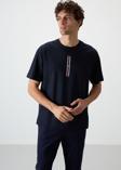 Lacivert Pamuklu Kalın Yüzeyi Dokulu Oversize Fit  Baskılı Erkek T-Shirt - 88366