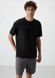 Siyah Waffle İnterlok Yüzeyi Dokulu Oversize Fit Basic Erkek T-Shirt - 88380