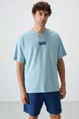 Açık Mavi Pamuklu Kalın Yüzeyi Dokulu Oversize Fit  Baskılı Erkek T-Shirt - 88367