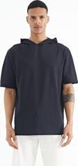 Lacivert Kapüşonlu Kol Etiket Detaylı Oversize Erkek T-shirt - 88179