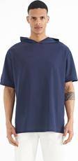 İndigo Kapüşonlu Kol Etiket Detaylı Oversize Erkek T-shirt - 88179