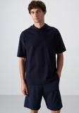 Lacivert Pamuklu Kalın Yüzeyi Dokulu Oversize Fit Basic Erkek T-Shirt - 88335