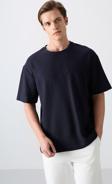 Lacivert Pamuklu Kalın Yüzeyi Dokulu Oversize Fit Baskılı Erkek T-Shirt - 88336