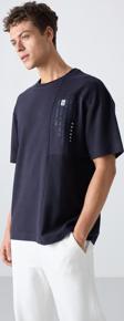 Lacivert Pamuklu Kalın Yüzeyi Dokulu Oversize Fit Baskılı Erkek T-Shirt - 88338