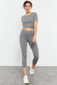 Gri Melanj Yüksek Bel Kapri-Crop T-Shirt Slim Fit Kadın Tayt Takım - 95285